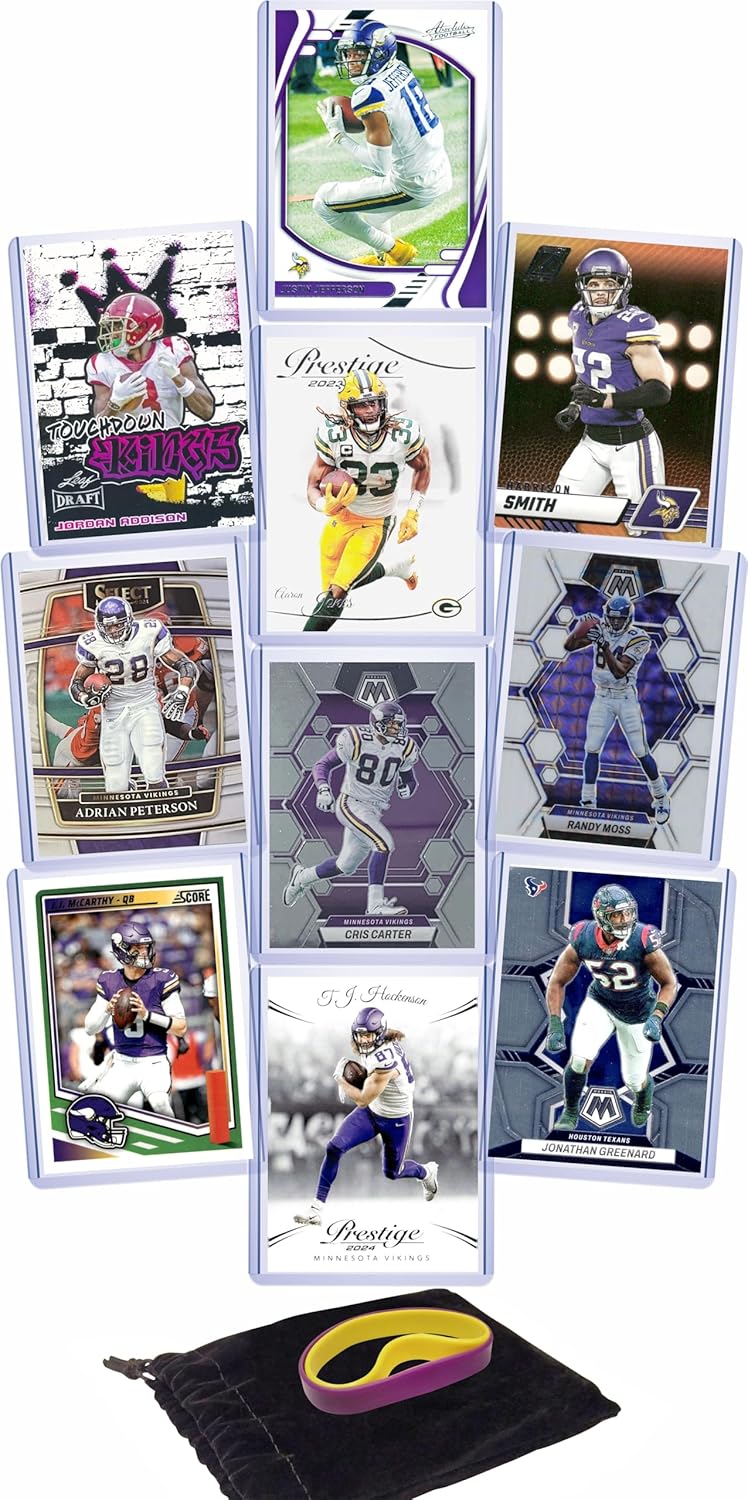 Chaser Minnesota Vikings Cards: J.J. McCarthy, Jordan Addison, Justin Jefferson, Harrison Smith, Aaron Jones, T.J. Hockenson, Adrian Peterson, Cris Carter, Randy Moss, and Jonathan Greenard ASSORTED Football Stars & GOATs Trading Card & Wristbands Gift Pack - Image 1